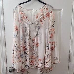 White House Black Market Floral Chiffon Blouse With Camisole - Cream and Pink